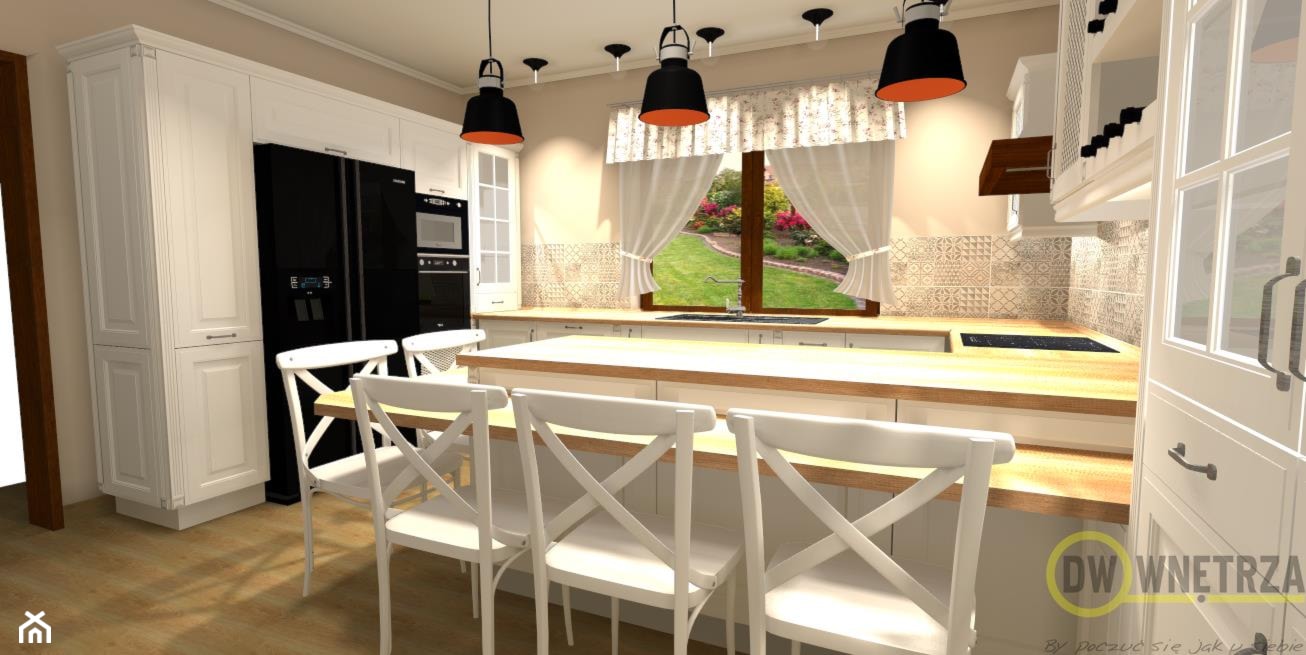 Kuchnia w stylu angielskim - Duża otwarta z salonem beżowa biała z zabudowaną lodówką z lodówką wolnostojącą z nablatowym zlewozmywakiem kuchnia w kształcie litery g z oknem, styl prowansalski - zdjęcie od DW Wnętrza - Homebook