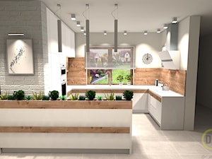 kuchnia z ziołami - Średnia otwarta z kamiennym blatem szara z zabudowaną lodówką z nablatowym zlewozmywakiem kuchnia w kształcie litery g z oknem, styl nowoczesny - zdjęcie od DW Wnętrza
