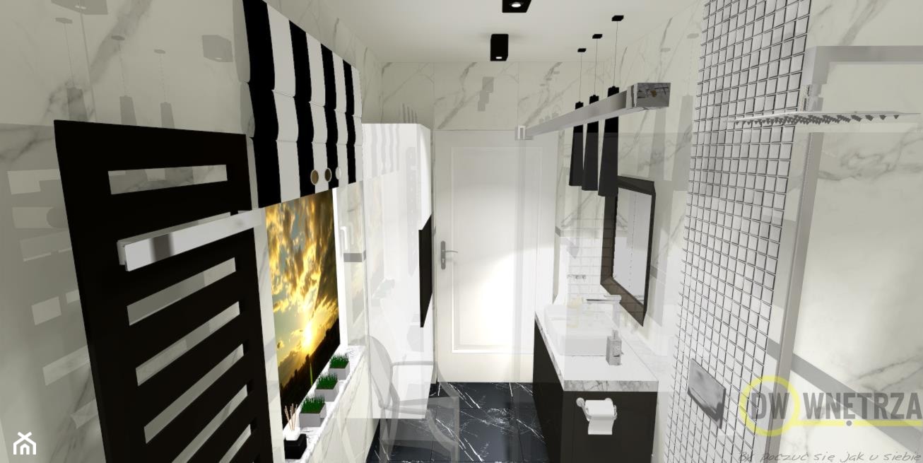 Łazienka z imitacją marmuru - Mała na poddaszu z lustrem łazienka z oknem, styl minimalistyczny - zdjęcie od DW Wnętrza - Homebook