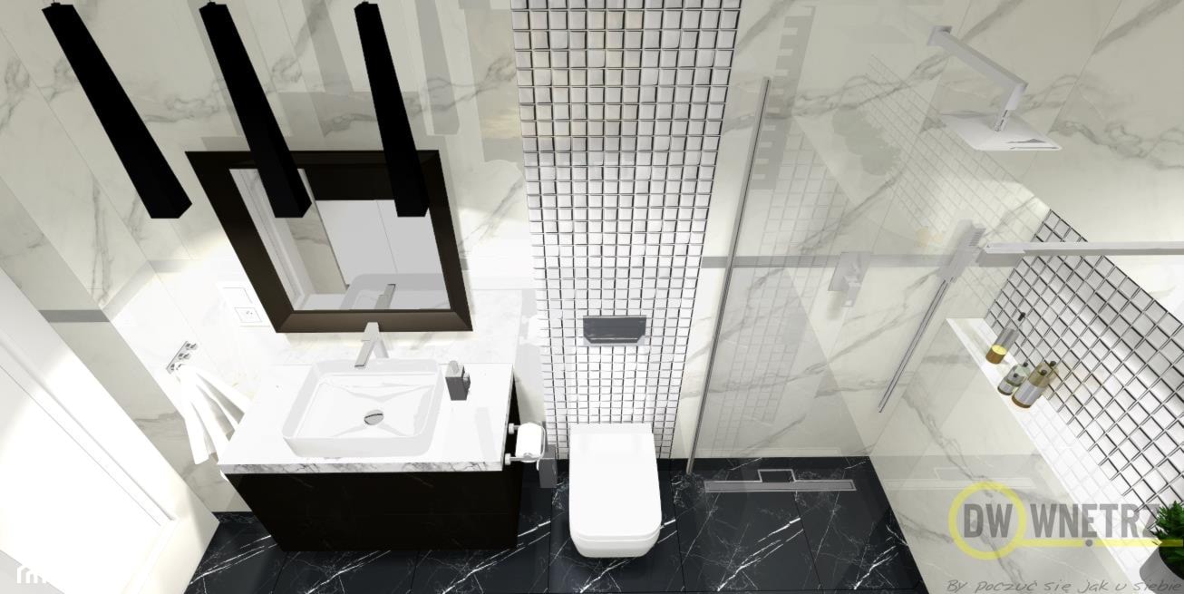 Łazienka z imitacją marmuru - Mała na poddaszu bez okna łazienka, styl minimalistyczny - zdjęcie od DW Wnętrza - Homebook