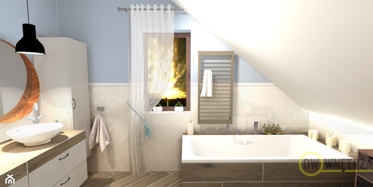 Łazienka na poddaszu - Mała na poddaszu z lustrem łazienka z oknem, styl nowoczesny - zdjęcie od DW Wnętrza - Homebook
