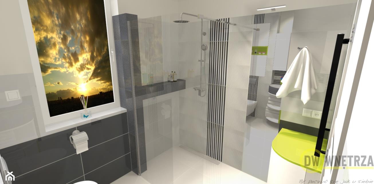 Łazienka z limonką - Średnia na poddaszu z lustrem łazienka z oknem, styl nowoczesny - zdjęcie od DW Wnętrza - Homebook