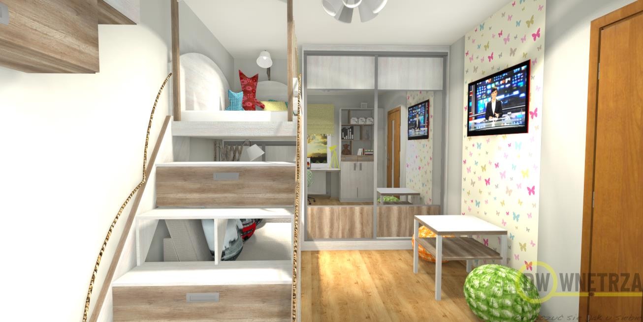 Pokój dziecięcy z łóżkiem piętrowym - Średni beżowy szary pokój dziecka dla dziecka dla chłopca dla dziewczynki, styl nowoczesny - zdjęcie od DW Wnętrza - Homebook