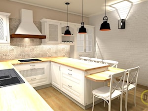 Kuchnia w stylu angielskim - Średnia zamknięta beżowa z zabudowaną lodówką z nablatowym zlewozmywakiem kuchnia w kształcie litery u z oknem, styl prowansalski - zdjęcie od DW Wnętrza