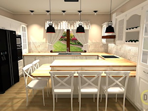 Kuchnia w stylu angielskim - Średnia otwarta beżowa z zabudowaną lodówką z nablatowym zlewozmywakiem kuchnia w kształcie litery g z oknem, styl prowansalski - zdjęcie od DW Wnętrza