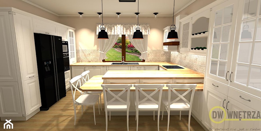 Kuchnia w stylu angielskim - Średnia otwarta beżowa z zabudowaną lodówką z nablatowym zlewozmywakiem kuchnia w kształcie litery g z oknem, styl prowansalski - zdjęcie od DW Wnętrza