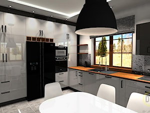 Biel + czarny + drewno - Duża zamknięta szara z zabudowaną lodówką z nablatowym zlewozmywakiem kuchnia w kształcie litery l z oknem, styl nowoczesny - zdjęcie od DW Wnętrza