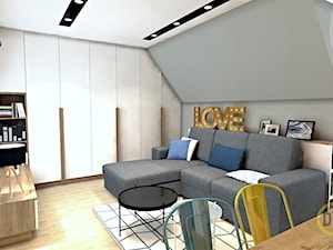 Kawalerka 38 m2 - Średni beżowy szary salon z jadalnią z bibiloteczką, styl nowoczesny - zdjęcie od DW Wnętrza