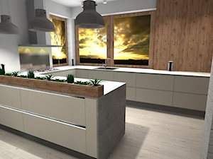 Kuchnia biała z drewnem i betonem - Duża otwarta z kamiennym blatem szara z zabudowaną lodówką z nablatowym zlewozmywakiem kuchnia w kształcie litery g, styl skandynawski - zdjęcie od DW Wnętrza
