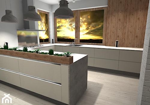 Kuchnia biała z drewnem i betonem - Duża otwarta z kamiennym blatem szara z zabudowaną lodówką z nablatowym zlewozmywakiem kuchnia w kształcie litery g, styl skandynawski - zdjęcie od DW Wnętrza