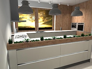 Kuchnia biała z drewnem i betonem - Średnia otwarta z kamiennym blatem szara z zabudowaną lodówką z nablatowym zlewozmywakiem kuchnia w kształcie litery g z oknem, styl skandynawski - zdjęcie od DW Wnętrza