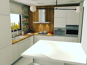 Projekt kuchnia/Dom - Średnia zamknięta biała z zabudowaną lodówką z nablatowym zlewozmywakiem kuchnia w kształcie litery l z oknem, styl tradycyjny - zdjęcie od AK04-STUDIO- Aleksandra Kwiecień