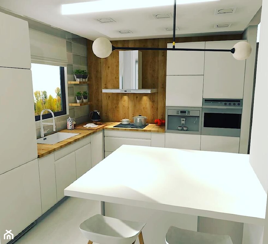 Projekt kuchnia/Dom - Średnia zamknięta biała z zabudowaną lodówką z nablatowym zlewozmywakiem kuchnia w kształcie litery l z oknem, styl tradycyjny - zdjęcie od AK04-STUDIO- Aleksandra Kwiecień