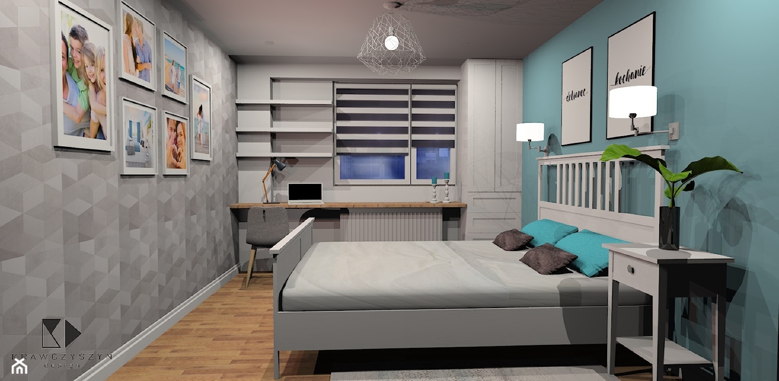 Biała sypialnia z niebieskim kolorem w tle - zdjęcie od Krawczyszyn-design - Homebook