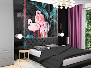 Sypialnia nowoczesna z nutką stylu glamour - Średnia czarna szara sypialnia z balkonem / tarasem, styl glamour - zdjęcie od Krawczyszyn-design