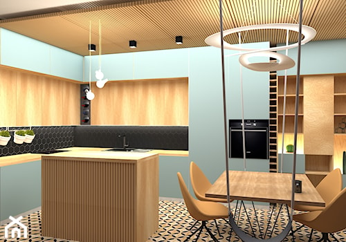 Nowoczesny salon z kuchnią z nutą Art deco - Duża otwarta z zabudowaną lodówką z nablatowym zlewozmywakiem kuchnia w kształcie litery l z wyspą lub półwyspem z oknem, styl glamour - zdjęcie od You. Projekty wnętrz