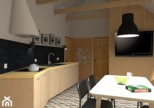 Apartamenty na wynajem - projekty aneksów kuchennych z salonem - Średnia zamknięta z kamiennym blatem szara z zabudowaną lodówką z nablatowym zlewozmywakiem kuchnia jednorzędowa z oknem, styl skandynawski - zdjęcie od You. Projekty wnętrz