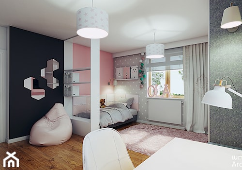 #1 - Duży czarny różowy szary pokój dziecka dla nastolatka dla dziewczynki, styl nowoczesny - zdjęcie od wmn Architekci