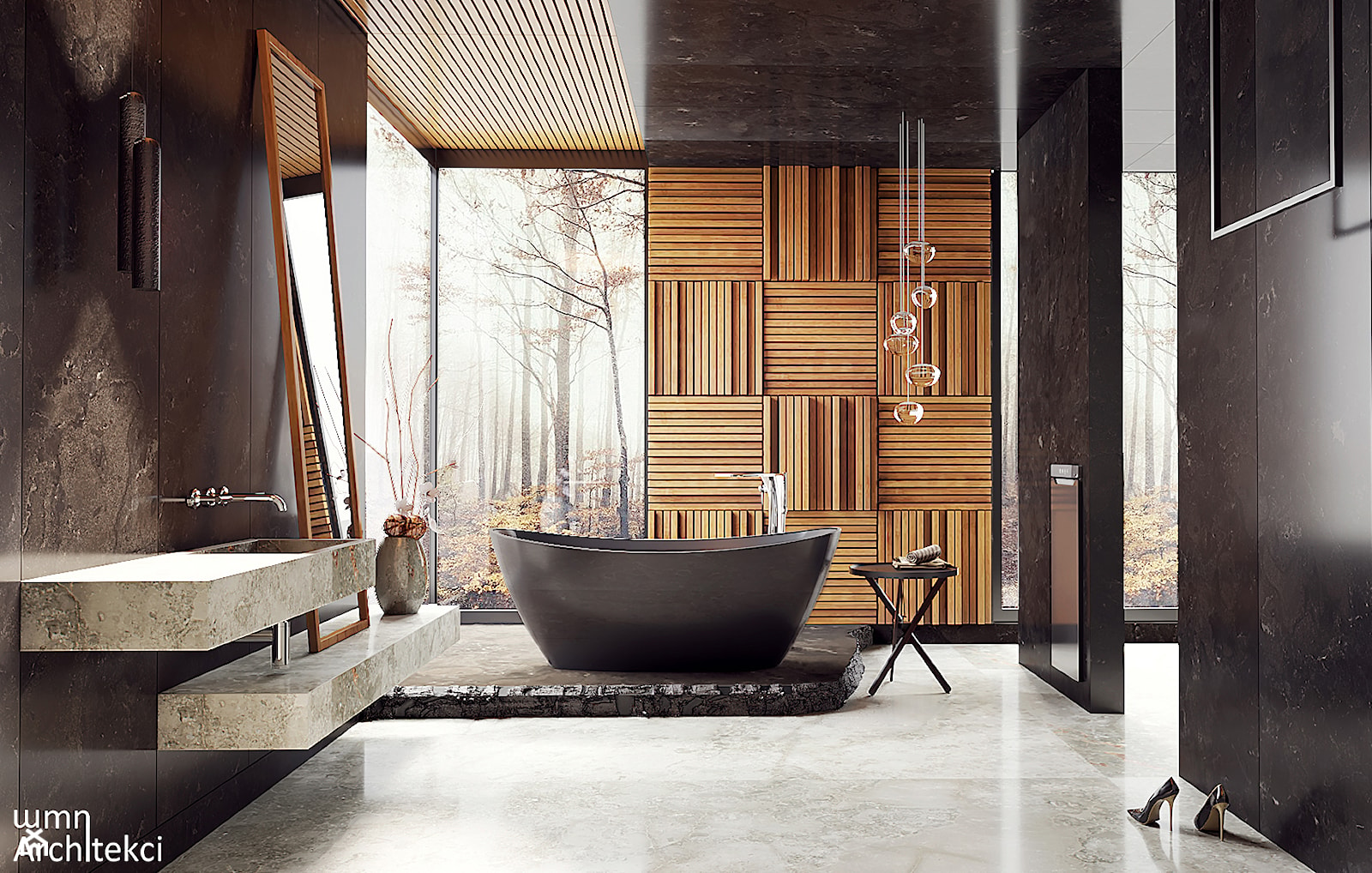 #4 - Duża z lustrem z marmurową podłogą łazienka z oknem, styl nowoczesny - zdjęcie od wmn Architekci - Homebook
