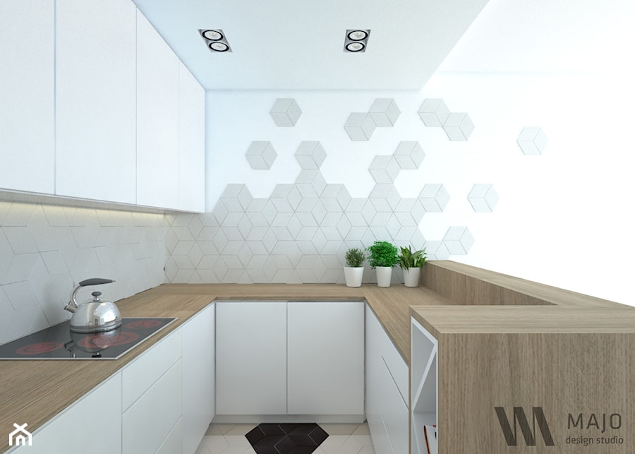 Heksagony w roli głównej - Średnia otwarta z salonem biała szara z zabudowaną lodówką kuchnia w kształcie litery u, styl nowoczesny - zdjęcie od Majo Design Studio