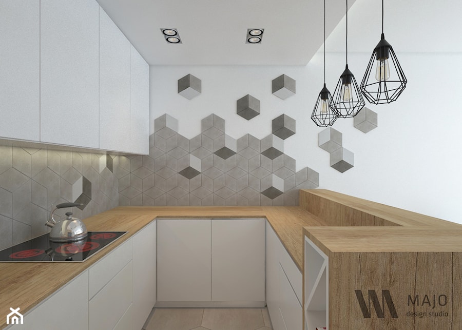 Heksagony w roli głównej - Mała otwarta biała z zabudowaną lodówką kuchnia w kształcie litery u, styl nowoczesny - zdjęcie od Majo Design Studio