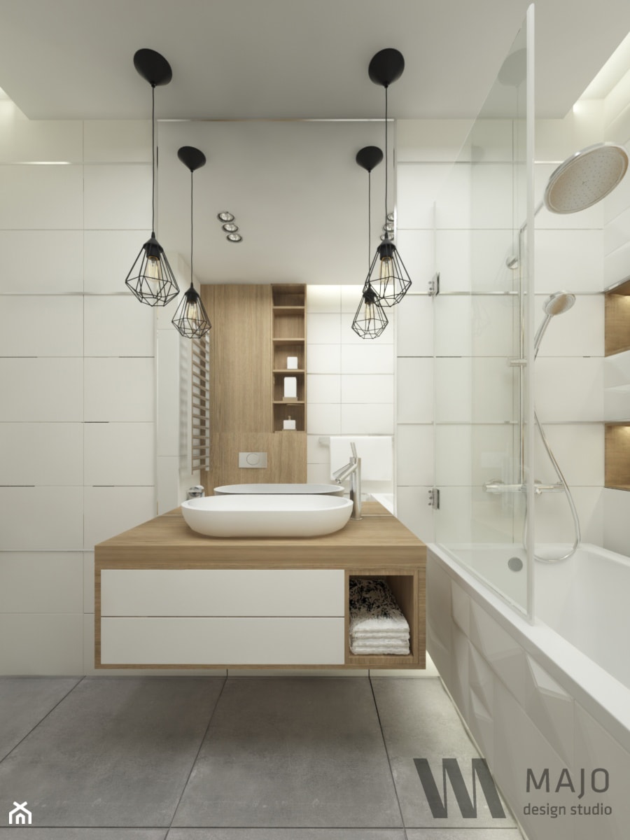 Heksagony w roli głównej - Średnia bez okna z lustrem z punktowym oświetleniem łazienka, styl nowoczesny - zdjęcie od Majo Design Studio