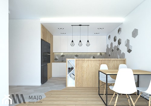 Heksagony w roli głównej - Średnia otwarta z salonem biała z zabudowaną lodówką kuchnia w kształcie litery g, styl nowoczesny - zdjęcie od Majo Design Studio