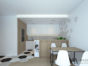 Heksagony w roli głównej - Średnia otwarta z salonem z kamiennym blatem biała szara z zabudowaną lodówką z nablatowym zlewozmywakiem kuchnia w kształcie litery l, styl nowoczesny - zdjęcie od Majo Design Studio
