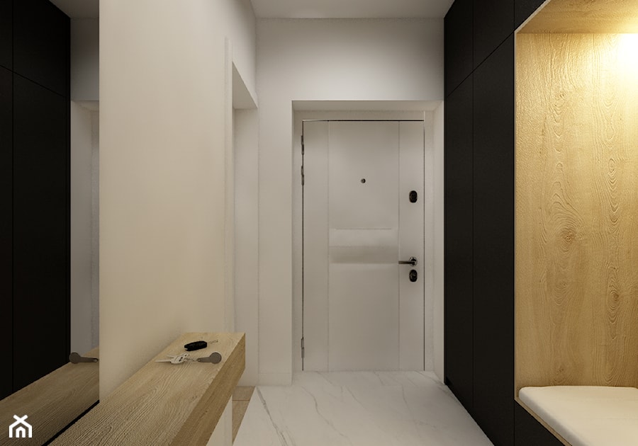 Projekt wnętrz domu jednorodzinnego 90m2 - Mały czarny szary z marmurem na podłodze hol / przedpokój, styl nowoczesny - zdjęcie od MUW studio