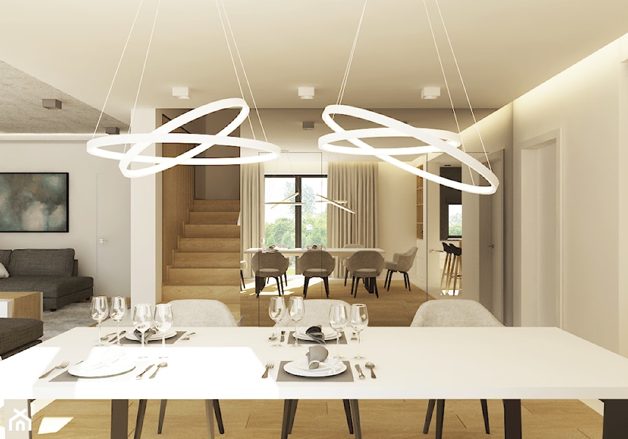 Projekt wnętrz domu jednorodzinnego 90m2 - Duża biała szara jadalnia w salonie, styl nowoczesny - zdjęcie od MUW studio