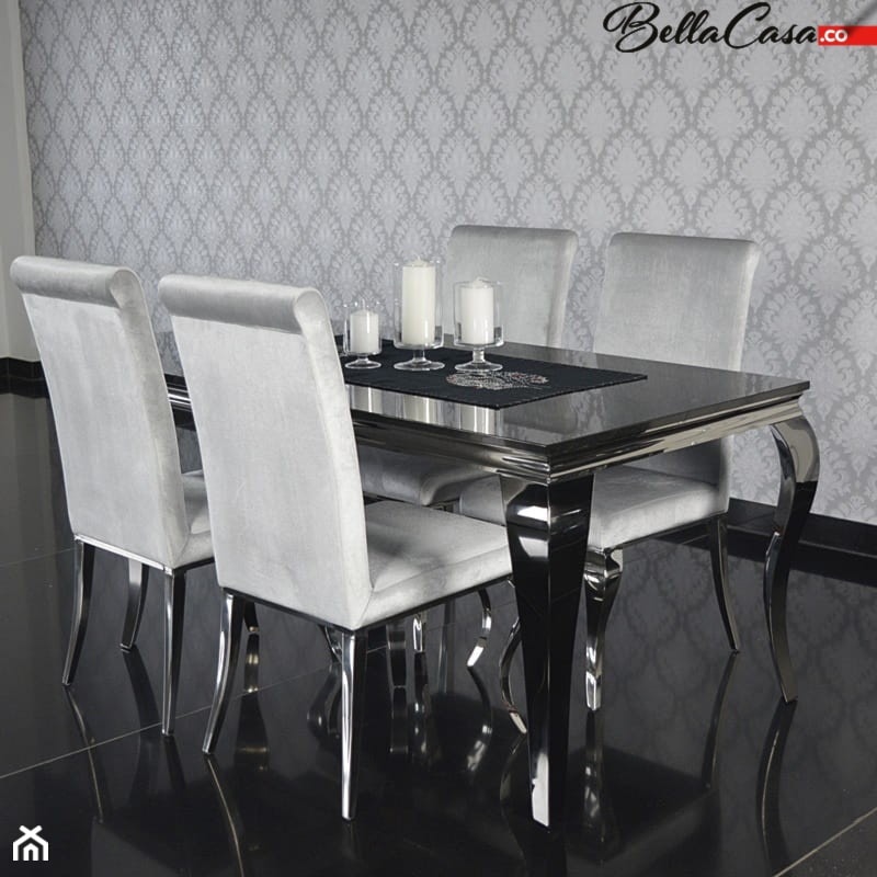 Jadalnia glamour Velluto Grigio od BellaCasa.co - stół ze stali oksydowanej polerowanej, tzw. czarny poler z czarnym blatem granitowym w komplecie z krzesłami ze stali srebrnej polerowanej ze srebrną - zdjęcie od BellaCasa.co - Homebook