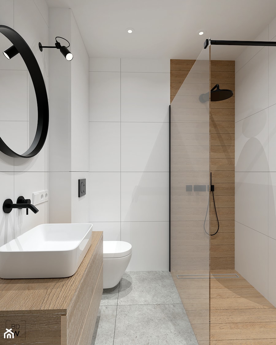 Mieszkanie na Odolanach - Średnia bez okna z lustrem z punktowym oświetleniem łazienka, styl minimalistyczny - zdjęcie od BDWstudio