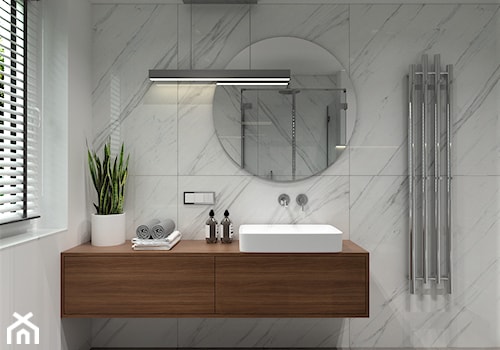 MARMUROWA ŁAZIENKA - Średnia z lustrem z punktowym oświetleniem łazienka z oknem, styl nowoczesny - zdjęcie od BDWstudio