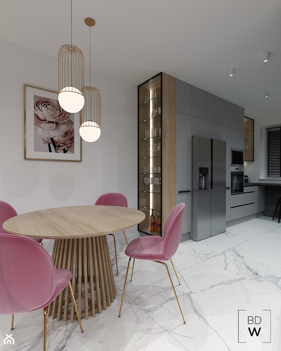 MAZOWIECKA, LUBLIN - Średnia otwarta z salonem z kamiennym blatem szara z zabudowaną lodówką z lodówką wolnostojącą kuchnia w kształcie litery l z oknem z marmurową podłogą, styl nowoczesny - zdjęcie od BDWstudio