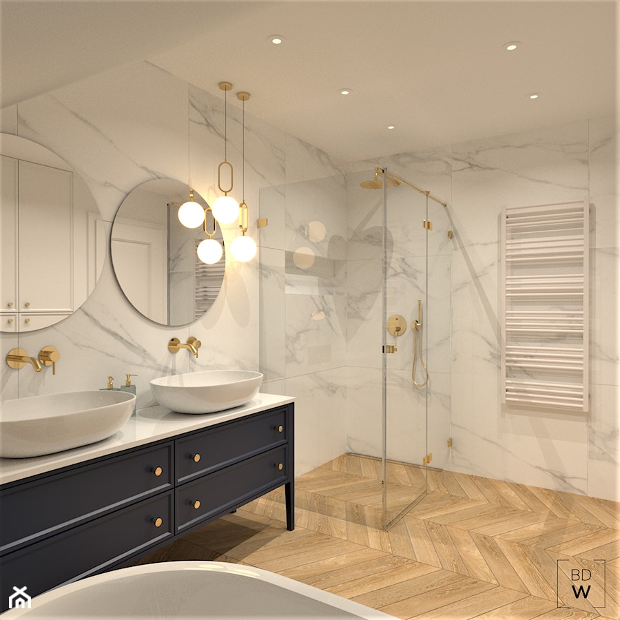 DOM W STYLU HAMPTONS - Duża z dwoma umywalkami łazienka, styl glamour - zdjęcie od BDWstudio