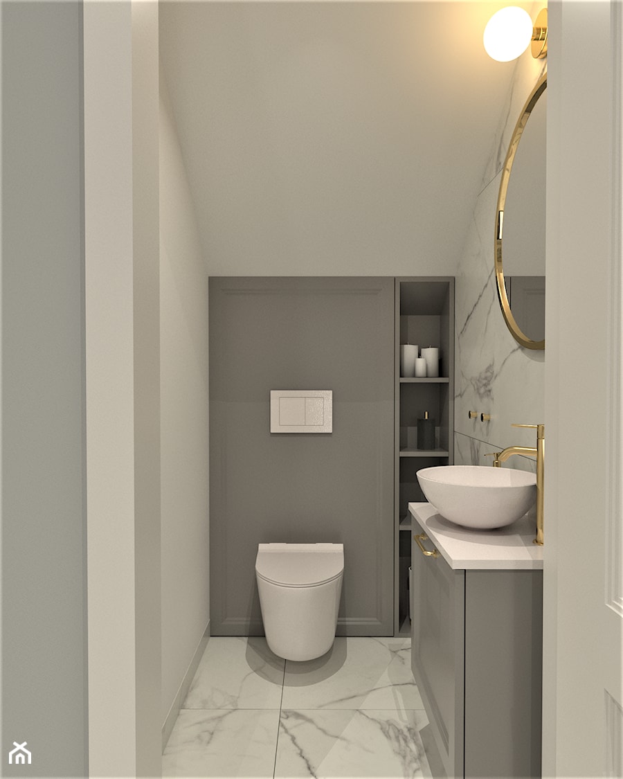 DOM W STYLU HAMPTONS - Mała bez okna z marmurową podłogą łazienka, styl glamour - zdjęcie od BDWstudio