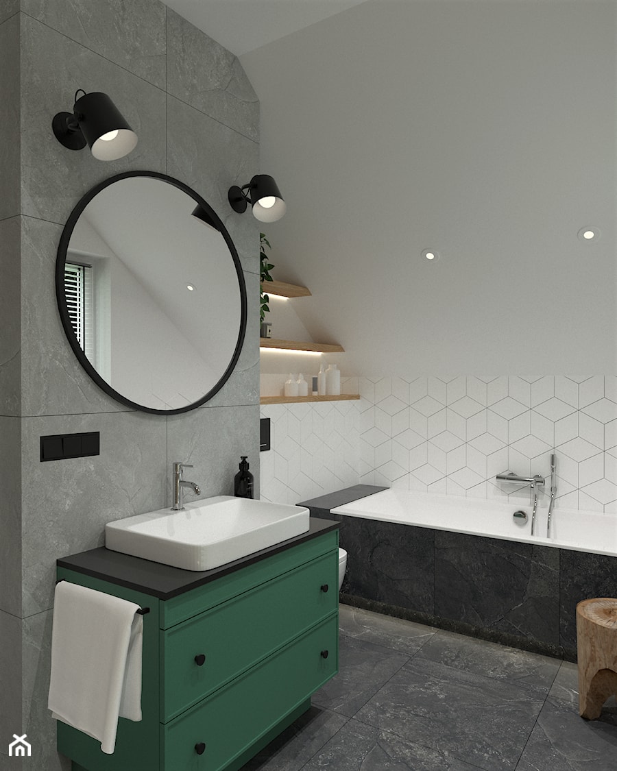 DOM POD WROCŁAWIEM - Średnia na poddaszu z lustrem z punktowym oświetleniem łazienka z oknem, styl nowoczesny - zdjęcie od BDWstudio
