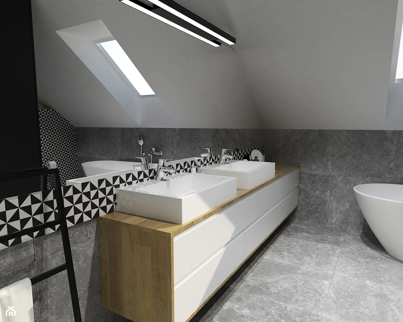 DOM W DĘBLINIE - Średnia na poddaszu z dwoma umywalkami łazienka z oknem, styl skandynawski - zdjęcie od BDWstudio - Homebook