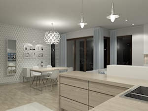 Projekt wnętrza mieszkania 99m2 - Średni biały szary salon z kuchnią z jadalnią, styl skandynawski - zdjęcie od m.design