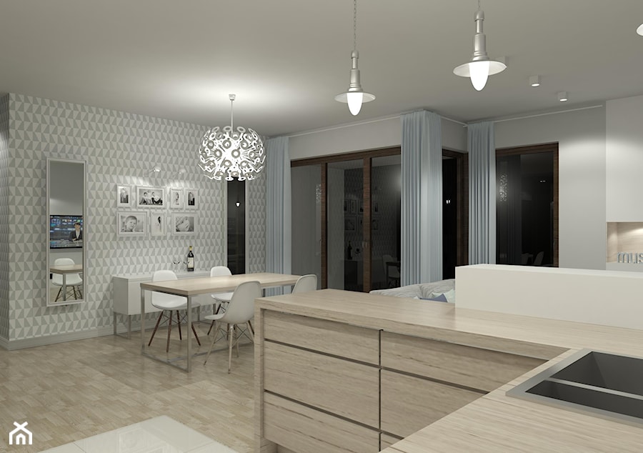 Projekt wnętrza mieszkania 99m2 - Średni biały szary salon z kuchnią z jadalnią, styl skandynawski - zdjęcie od m.design