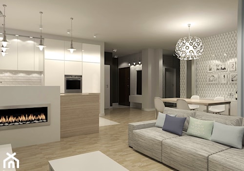Projekt wnętrza mieszkania 99m2 - Mały szary salon z kuchnią z jadalnią, styl skandynawski - zdjęcie od m.design