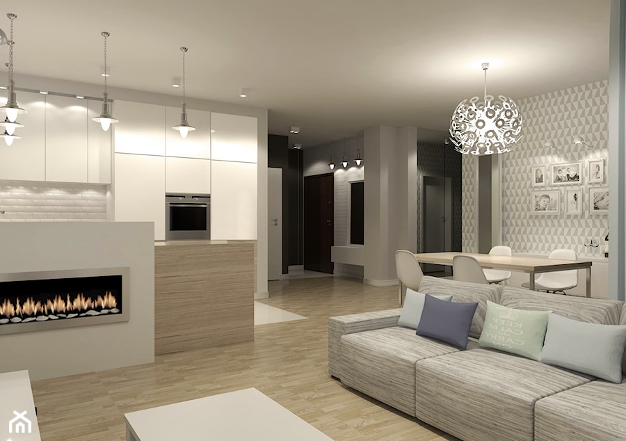 Projekt wnętrza mieszkania 99m2 - Mały szary salon z kuchnią z jadalnią, styl skandynawski - zdjęcie od m.design
