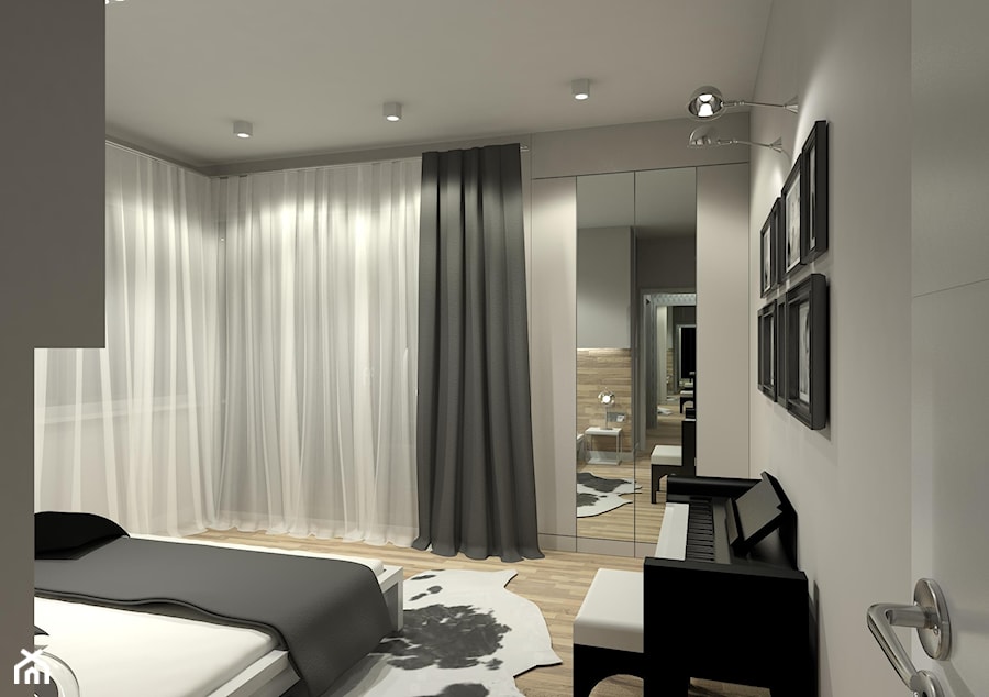Projekt wnętrza mieszkania 99m2 - Duża szara sypialnia z balkonem / tarasem, styl minimalistyczny - zdjęcie od m.design