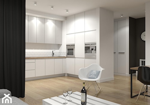 Projekt wnętrza mieszkania 73,8 m2 - Średnia otwarta z salonem biała z zabudowaną lodówką kuchnia w kształcie litery l, styl skandynawski - zdjęcie od m.design