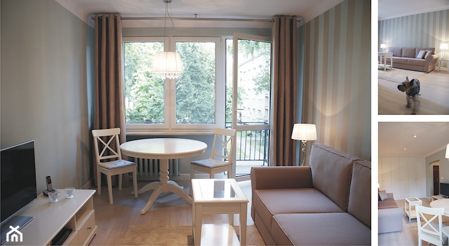 Projket wnętrza mieszkania 35m2 - Mały zielony salon z tarasem / balkonem, styl prowansalski - zdjęcie od m.design