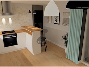 Mieszkanie Malbork - Mała otwarta biała szara z zabudowaną lodówką kuchnia w kształcie litery l, styl skandynawski - zdjęcie od Beton i Drewno - Studio Projektowania Wnętrz