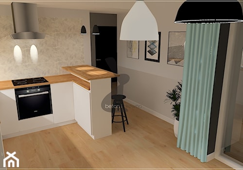Mieszkanie Malbork - Mała otwarta biała szara z zabudowaną lodówką kuchnia w kształcie litery l, styl skandynawski - zdjęcie od Beton i Drewno - Studio Projektowania Wnętrz