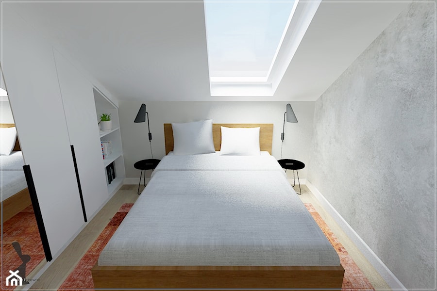 Poddasze w Rumi - Mała szara sypialnia na poddaszu, styl nowoczesny - zdjęcie od Beton i Drewno - Studio Projektowania Wnętrz