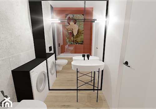 Poddasze w Rumi - Mała na poddaszu bez okna z pralką / suszarką z lustrem łazienka, styl nowoczesny - zdjęcie od Beton i Drewno - Studio Projektowania Wnętrz