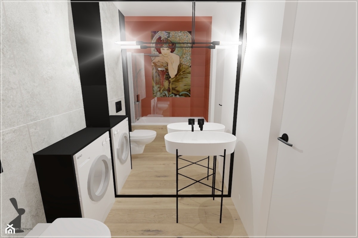Poddasze w Rumi - Mała na poddaszu bez okna z pralką / suszarką z lustrem łazienka, styl nowoczesny - zdjęcie od Beton i Drewno - Studio Projektowania Wnętrz - Homebook